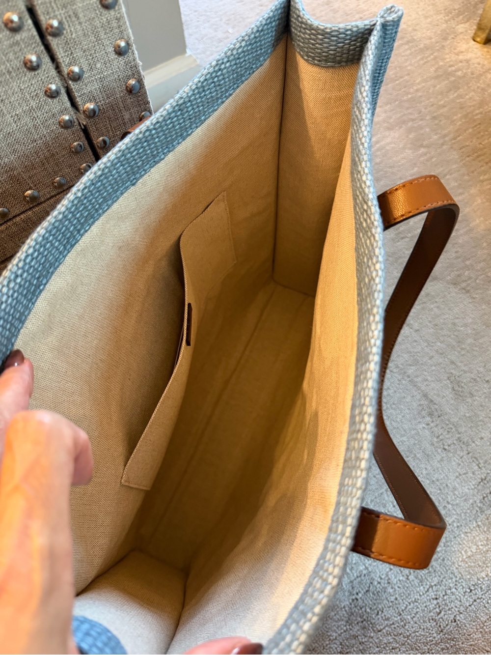 Jimmy Choo NIP London Rhea Blue Raffia Tote Brown Leather Handles $795 MSRP COA - Picture 8 of 15